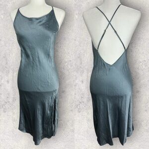 Silk Maison 100% Silk Blue Slip Dress Size Medium Midi Length Side Slit‎ Y2K 90s